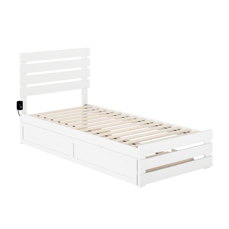 Twin XL Bed with Footboard & Trundle - USB Charger - White - Home Furnishings