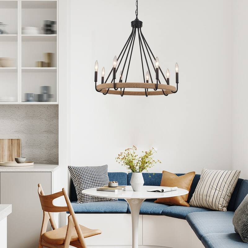 8-Light Hanging Candlestick Wagon Wheel Chandelier Hemp Rope Linear Chandelier Lighting for Kitchen Island