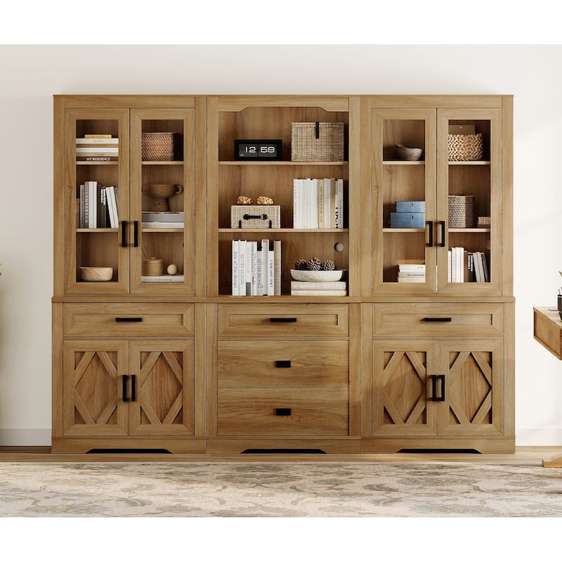 3-Column 73.3" Tall Bookshelf Set with Open Storage and Glass Doors