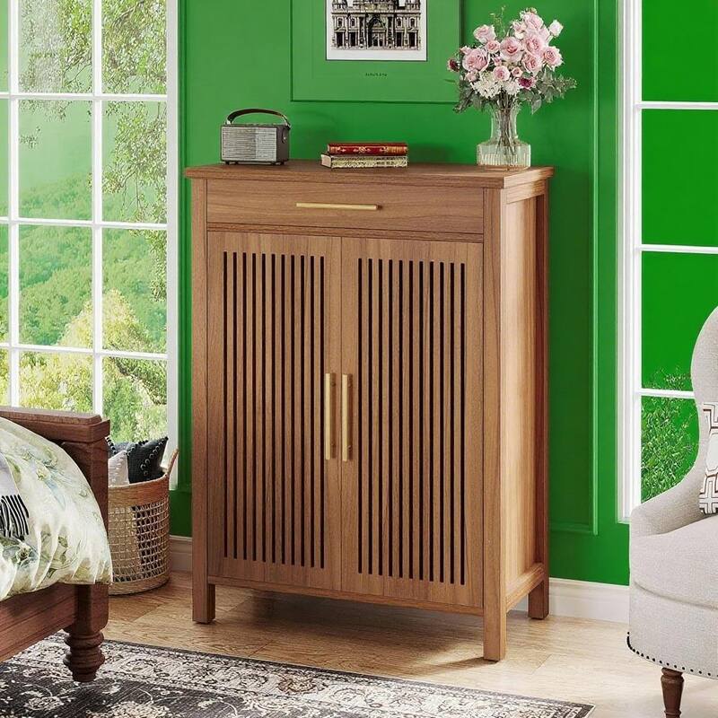 Modern Shoe Storage Cabinet with 5 Removable Shelves and Large Drawer for Entryway Use - 31.5”L x 14.17”W x 42.91”H
