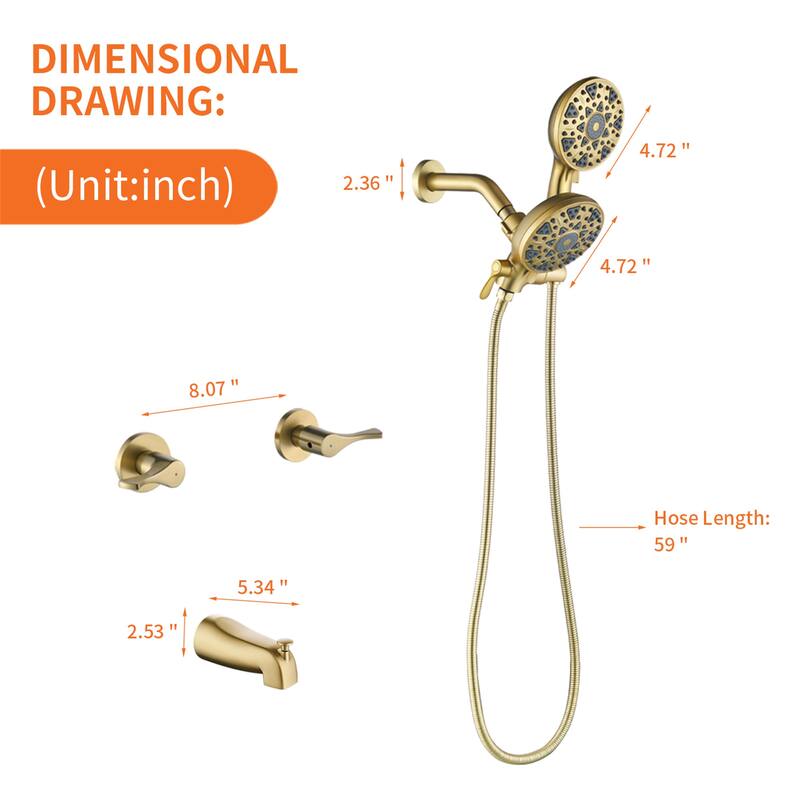 Wall Mount Dual Head Shower Faucet with Tub Spout Brass Complete Shower System with Handheld Shower Valve Included