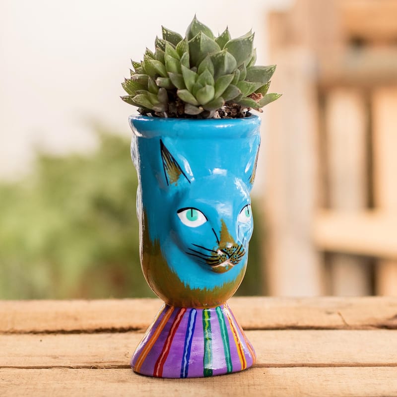Novica Handmade Top Cat In Turquoise Ceramic Flower Pot