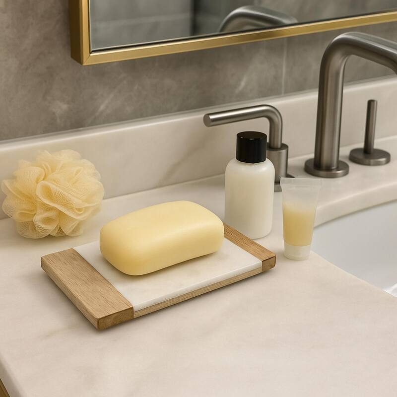 Creative Home Off-White Marble and Mango Wood Soap Dish, Soap Tray, Soap Holder