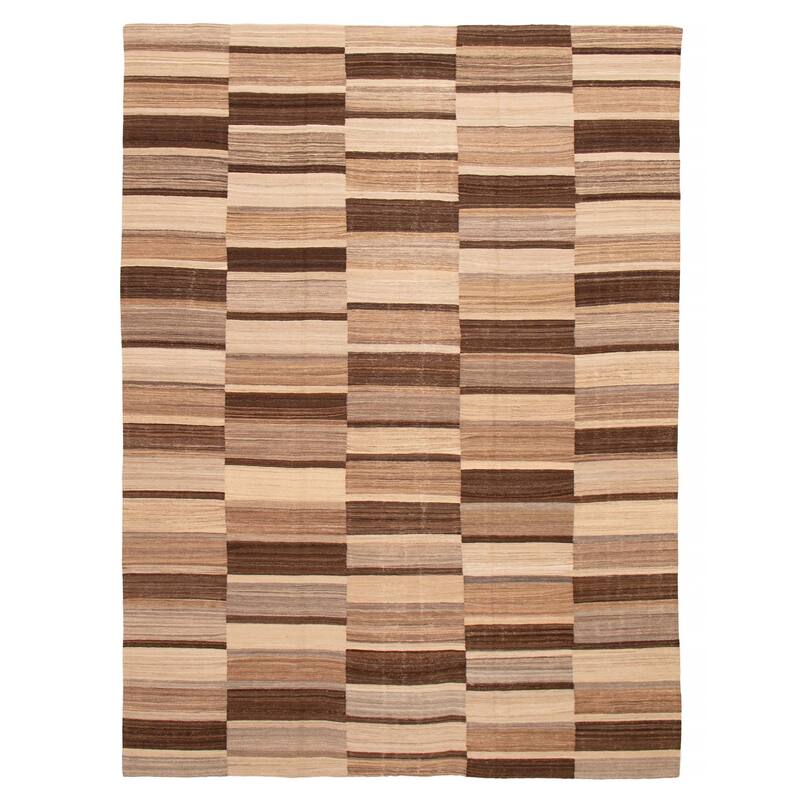 ECARPETGALLERY Flat-Weave Boho Beige, Dark Brown Wool Kilim - 9'1 x 12'0 - Beige/ Dark Brown - 9'1 x 12'0