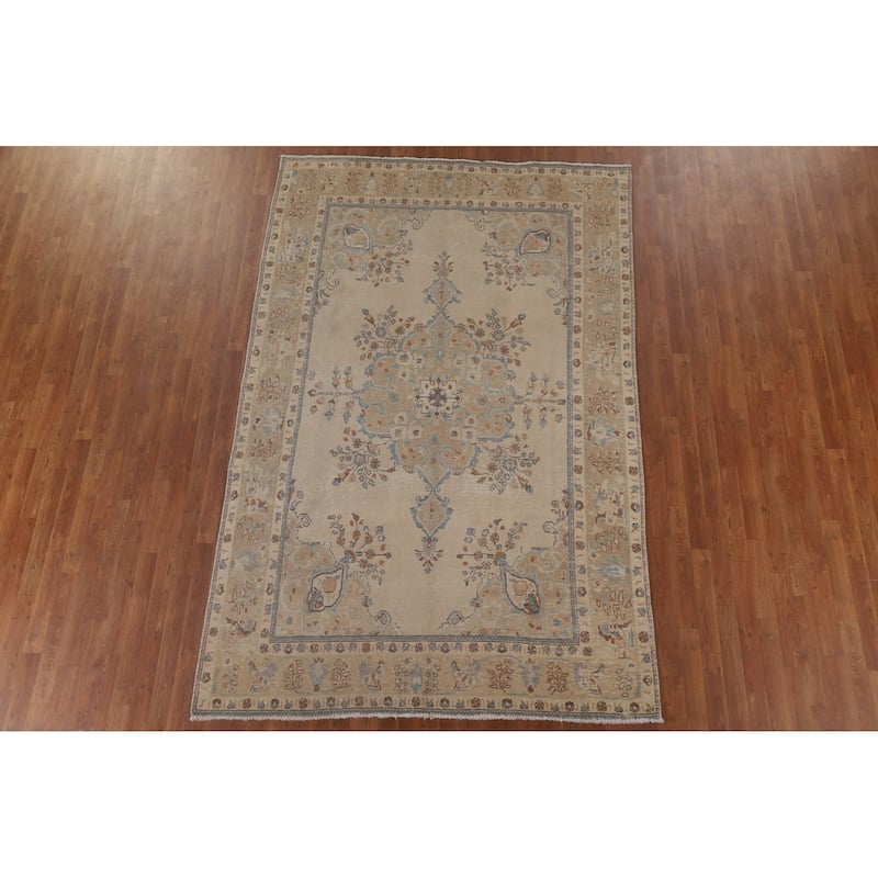 Vintage Geometric Distressed Tabriz Persian Rug Handmade Wool Carpet - 6'3" x 9'9"