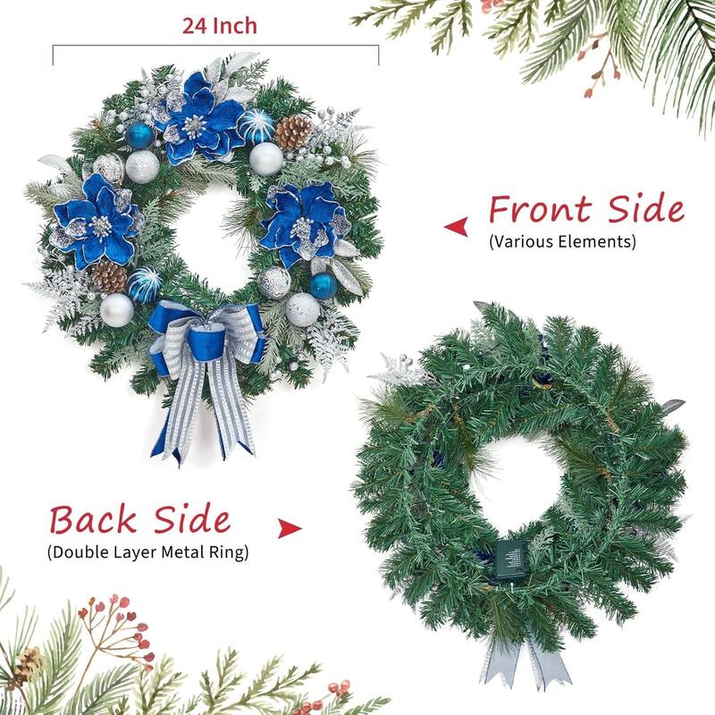 24" Prelit Lighted Christmas Wreaths for Front Door, Silver Blue - N/A