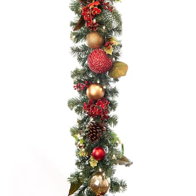 9 ft. Artificial Christmas Garland with Lights - Scarlet Hydrangea - Red