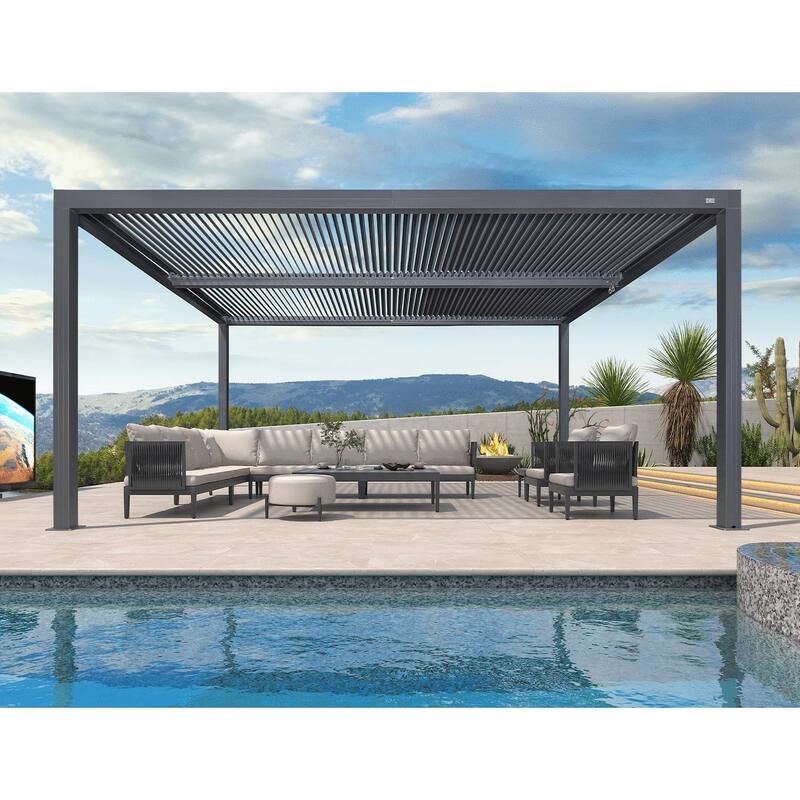 PURPLE LEAF Gray Louvered Pergola Outdoor Aluminum Pergola with Adjustable Roof for Patio Grey Hardtop Gazebo - 12' x 16' - Grey