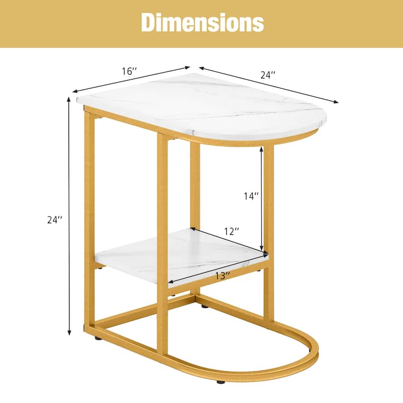 2 Tier Faux Marble C Shaped Bedside End Table with Metal Frame for Living Room Decor or Bedroom - 24" x 16" x 24"
