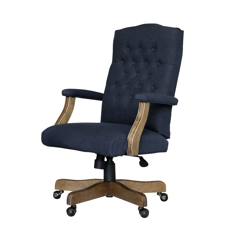 Jake Executive Armchair with Driftwood Finish, Navy Blue Tufted Linen