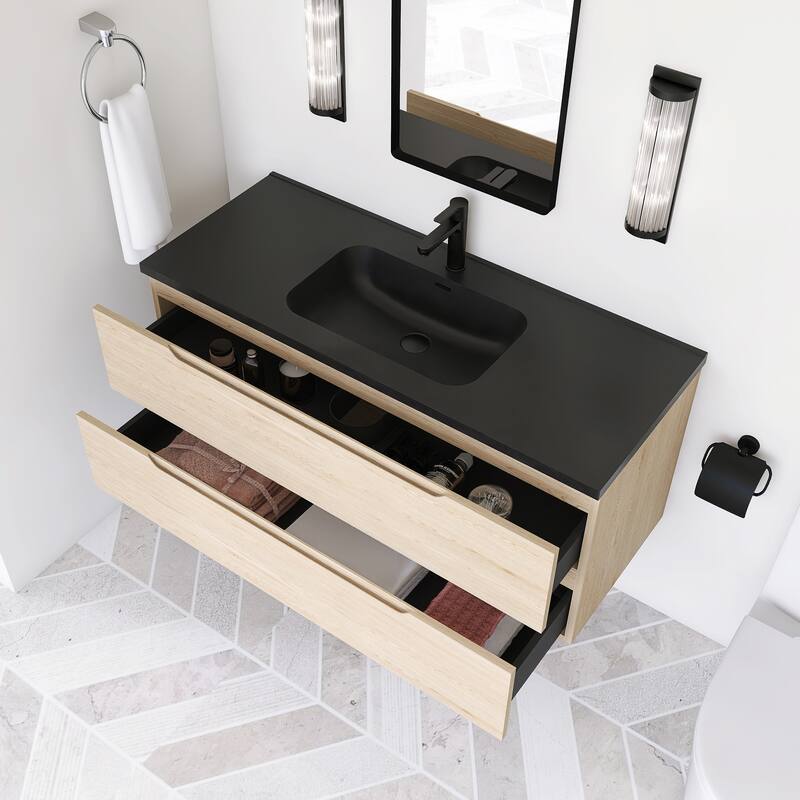 Floating Bathroom Vanity in Evita Oak with Integrated Quartz Sand Top