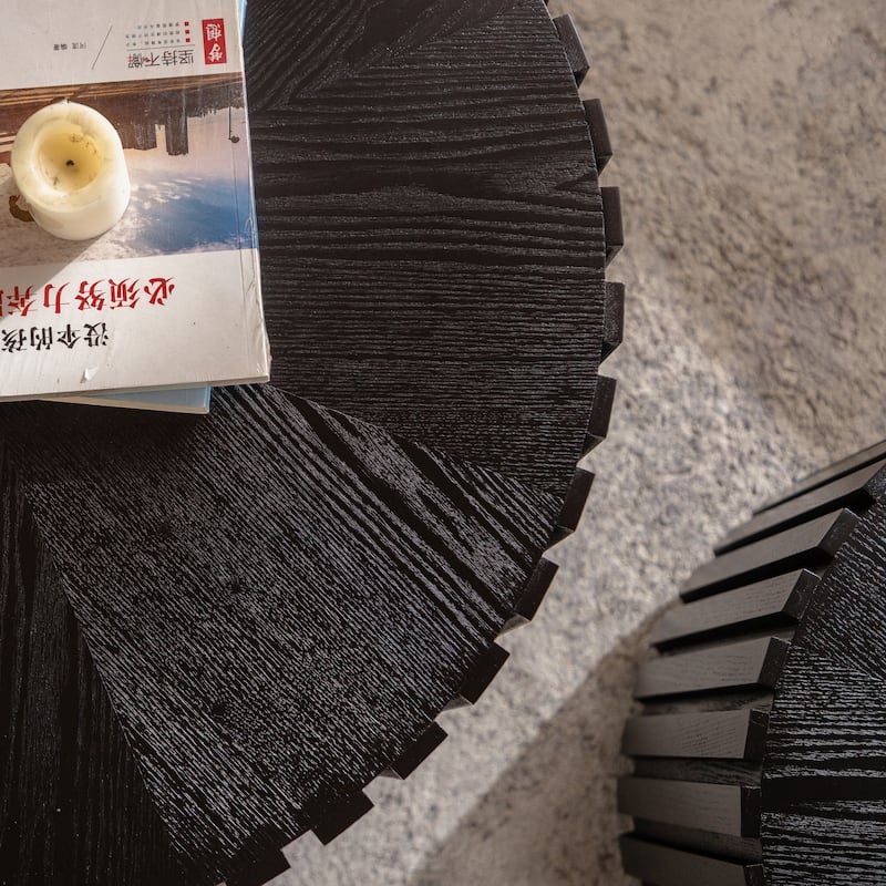 Coffee Table Nesting End Table Set of 2, Modern Black Fluted Coffee Table, Wood Side Table, Circle Accent Tables