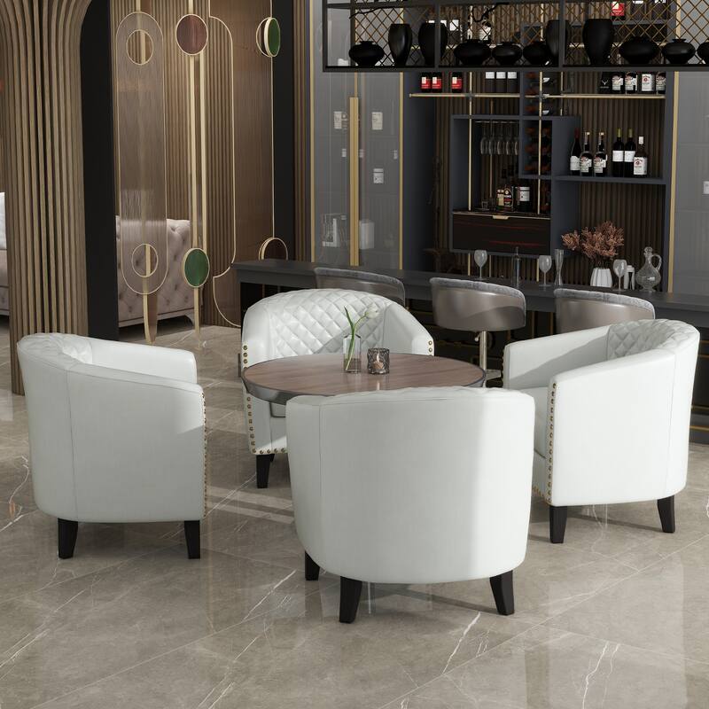 Axia 4 Set Modern Faux Leather Barrel Accent Chairs with Wood Legs - White