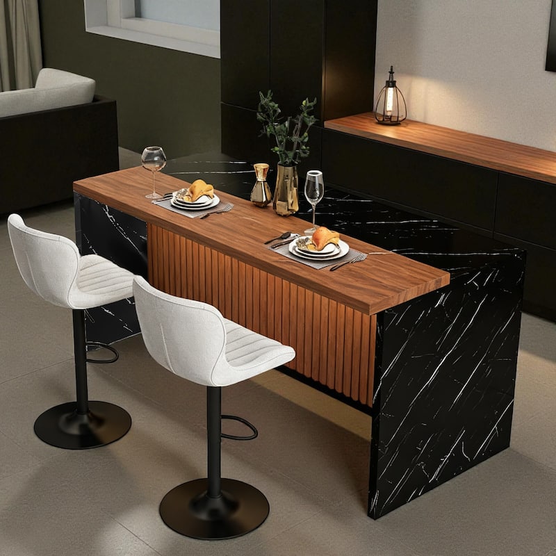 63" Modern Kitchen Island with Marble-Look Countertop, LED Lights, and Grille Design for Dining Room - Black