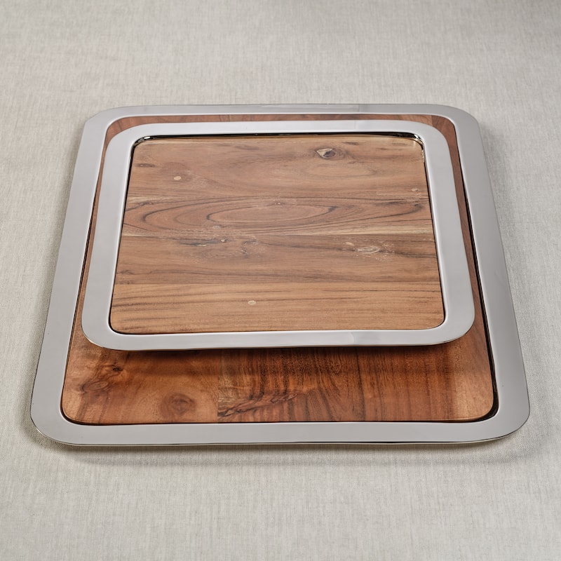 Benouville Acacia Wood Prep & Serving Board with Steel Tray