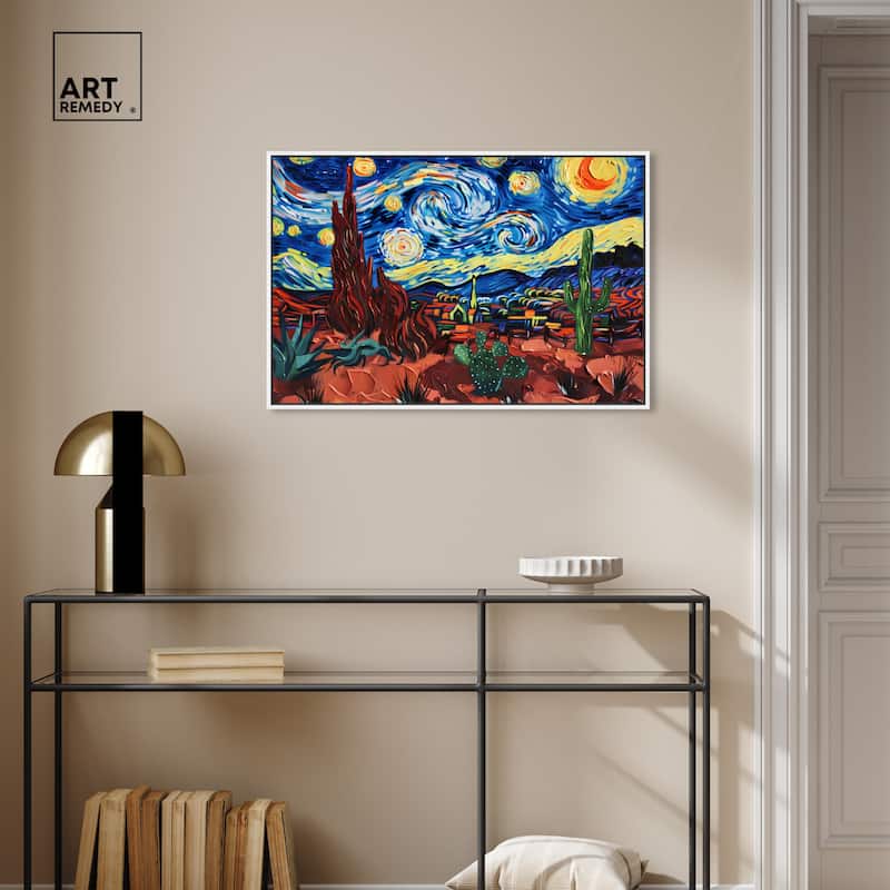 Art Remedy Desert Night Stars Framed Impressionism 1 Piece Canvas Wall Art /Monet And Van Gogh Inspired Art