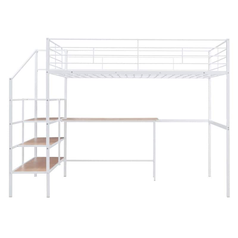 Metal Loft Bed with Desk and Lateral Storage 4-layers Ladder,Full Size