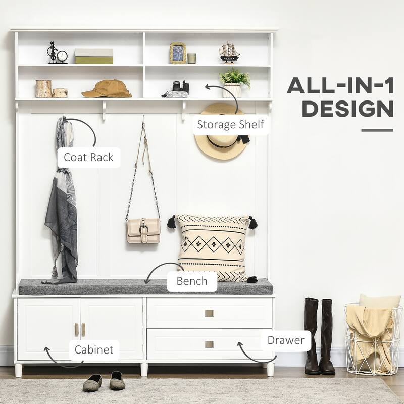 Modern Rack Decorative Coat Rack with Entry Bench Storage Rack Cabinets and Drawers, for Entry and Hallway
