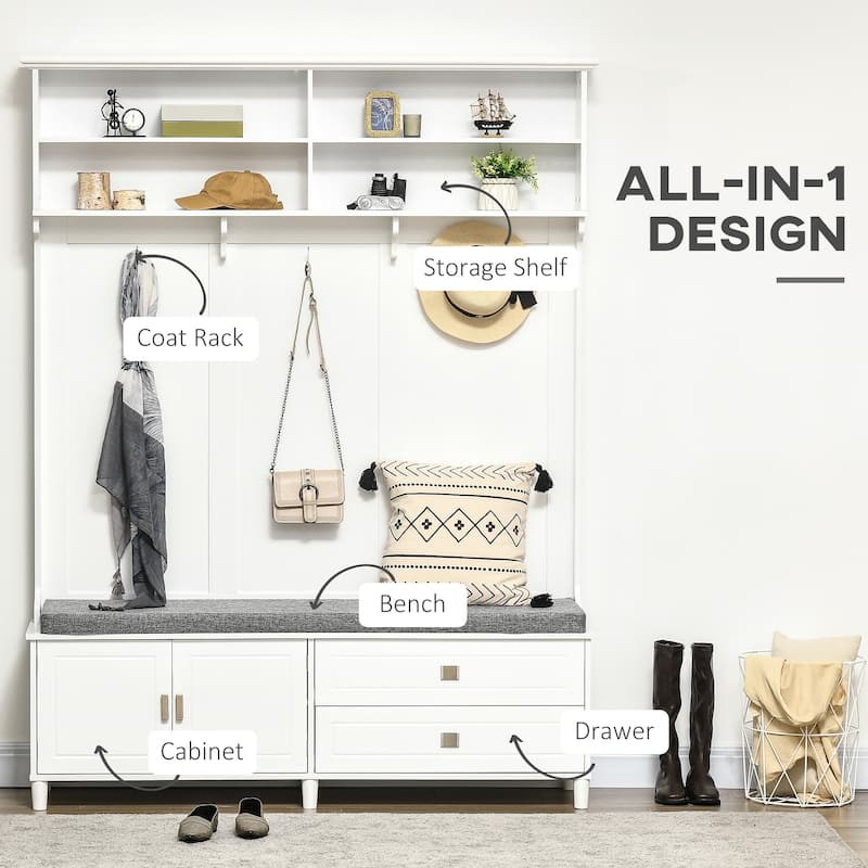 Modern Style Hall Tree with Storage, Free-Standing Clothing Rack with Storage Bench and Storage Cabinet and Drawers