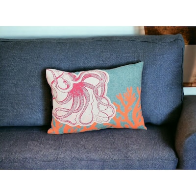 HomeRoots 13" X 18" Red Orange Octopus Coastal Polyester Pillow With Applique