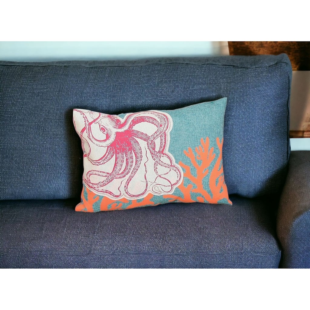 HomeRoots 13" X 18" Red Orange Octopus Coastal Polyester Pillow With Applique