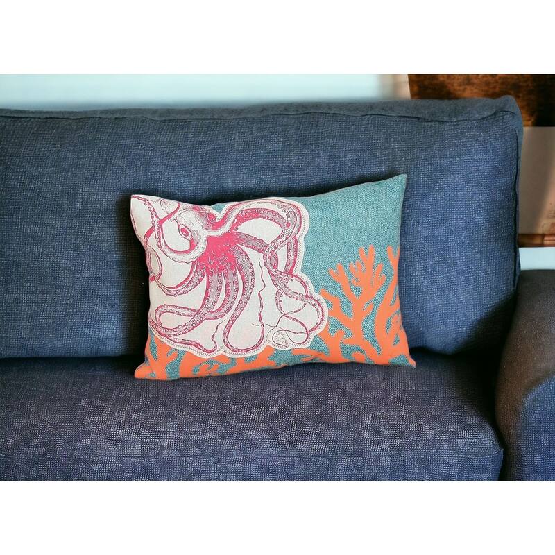 HomeRoots 13" X 18" Red Orange Octopus Coastal Polyester Pillow With Applique