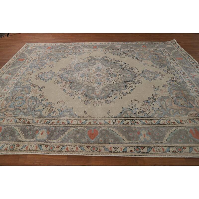 Geometric Tabriz Persian Rug Hand-Knotted Beige Wool Carpet - 8'2"x 10'6"