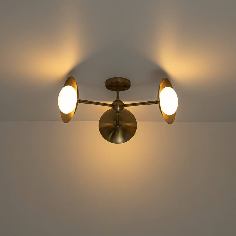 Modern Industrial 3-Light Sputnik Opal Glass Semi Flush Mount - Gold