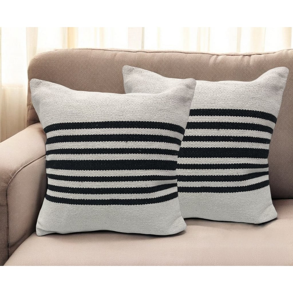 Set of Two Black and White Striped Cotton Throw Pillow
