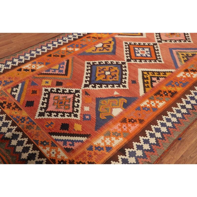 Orange Kilim Qashqai Persian Vintage Area Rug Hand-Woven Wool Carpet - 5'2"x 8'11"