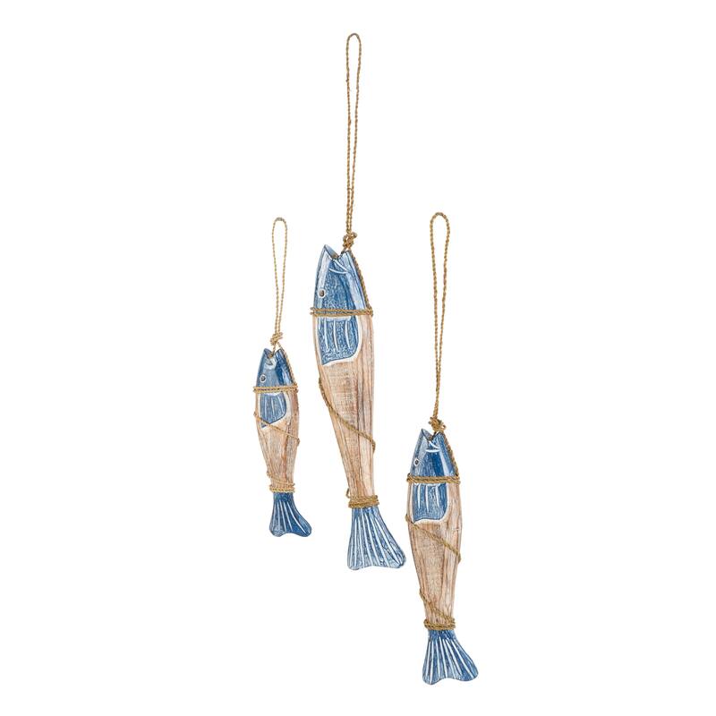 Blue Wood Handmade Fish Home Wall Decor with Wrapped Jute Hanging Rope (Set of 3)