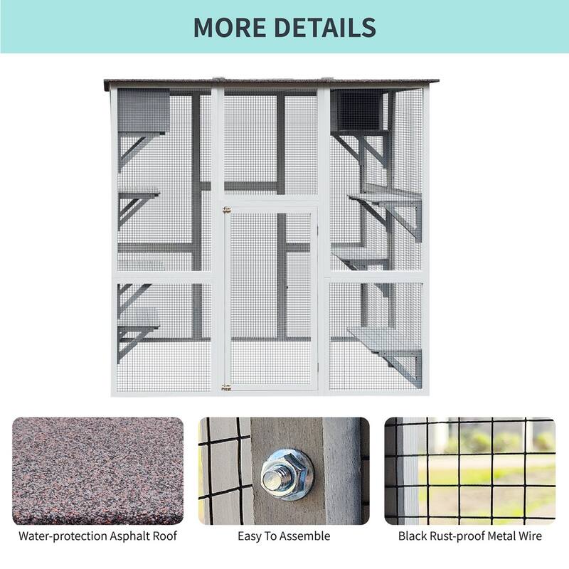 70.9" Gray Wooden Outdoor Cat House with Roof, 6 Platforms & 2 Boxes