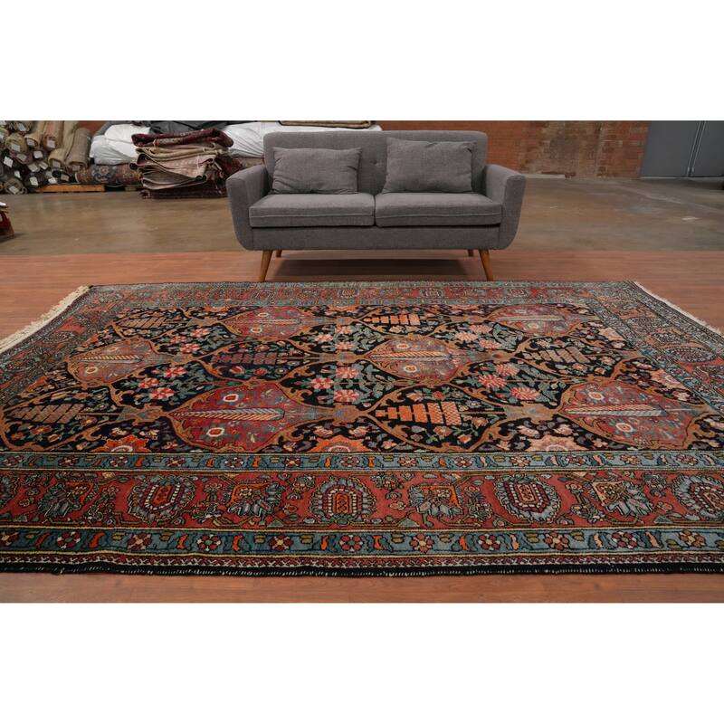 Hand Knotted Oriental 100% Wool Carpet Traditional Floral Navy Blue & Blues Bakhtiari Area Rug - 10' 7'' X 7' 3''