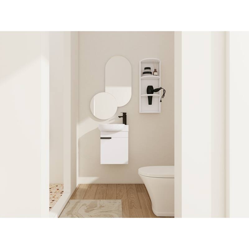 Compact Bathroom Vanity with Sink, Oval Single Ceramic Sink Bathroom Cabinet for Small Bathroom - Gloss White + Storage Rack - 16.8 Inch