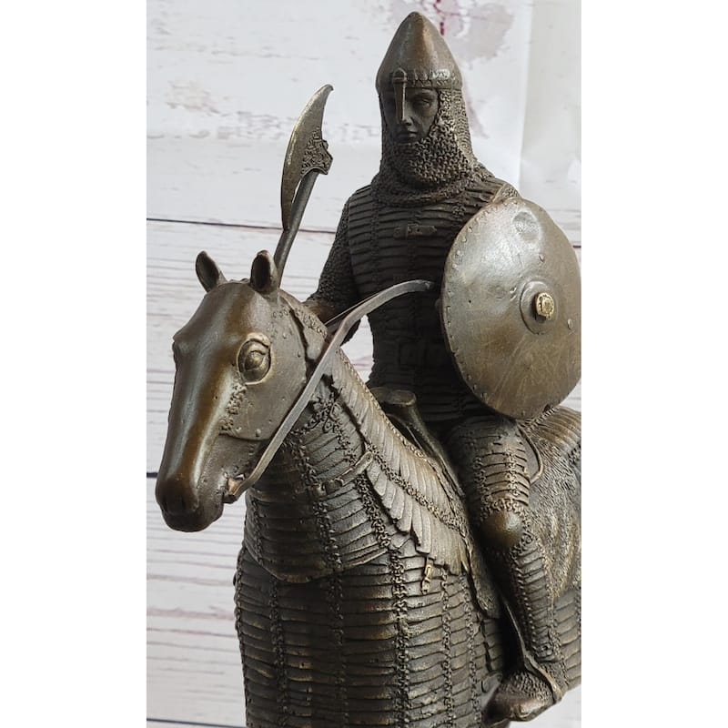 Medieval European Warrior Knight On Horseback Bronze Sculpture Statue On Marble Base