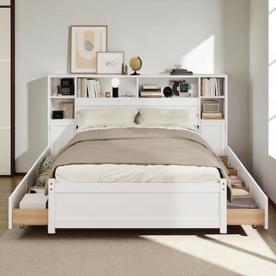 Twin Size Wooden Storage Bed with Bookcase Headboard, 6 Drawers, Shelves and USB Charging Station, White