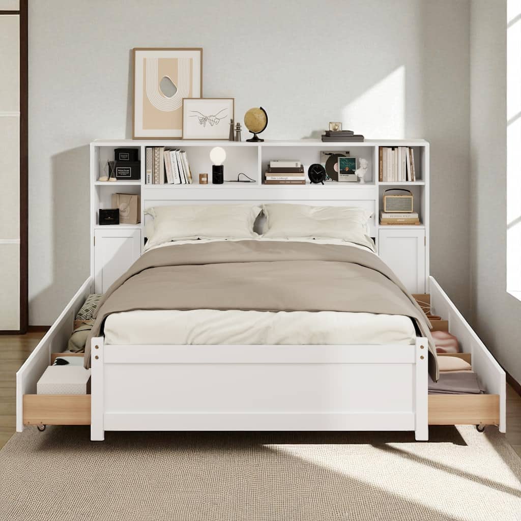 Twin Size Wooden Storage Bed with Bookcase Headboard, 6 Drawers, Shelves and USB Charging Station, White