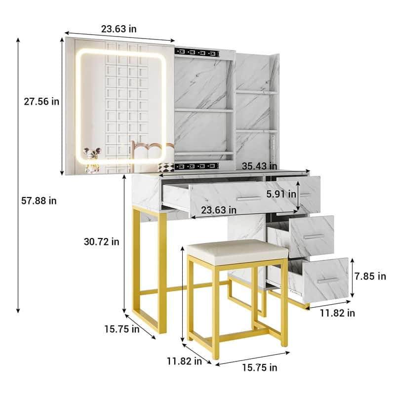 Makeup Vanity with Sliding LED Mirror, Charging Station, Drawers, Shelves & Stool