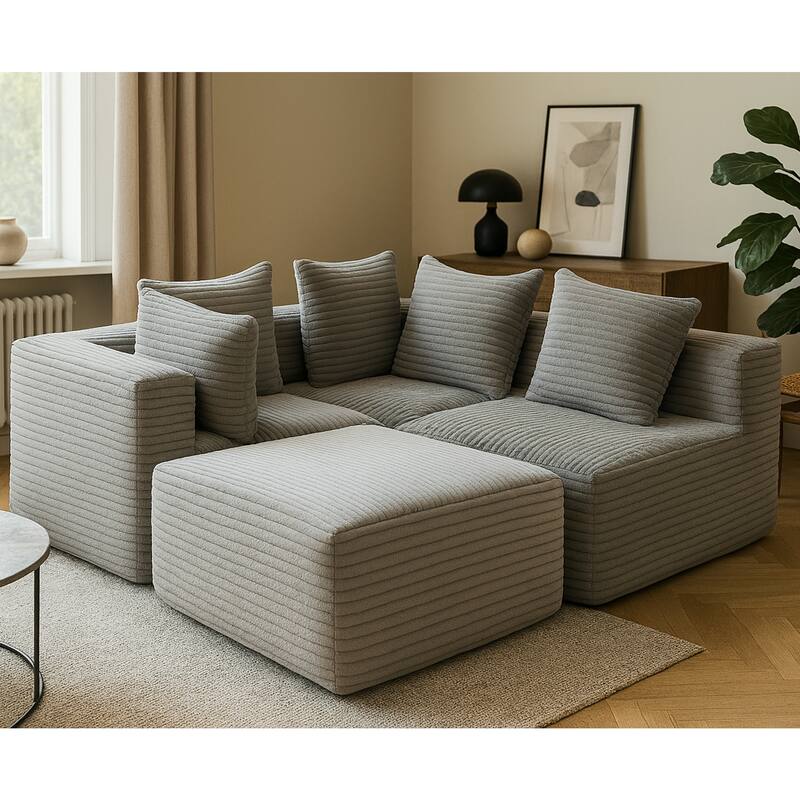 Grey Corduroy Modular Sectional Sofa 4 Seat Magic Cube Design 107" Wide No Assembly Required Compressed Foam Cushions