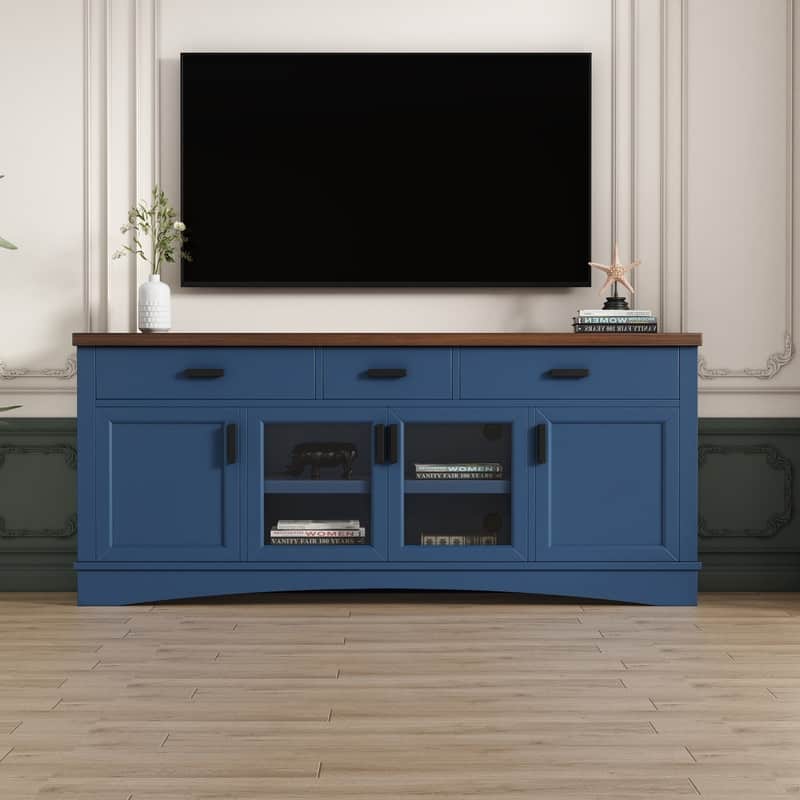 67" TV Stand for TVs Up to 75", Modern TV Console with Glass Doors, Storage Drawers and Adjustable Shelves