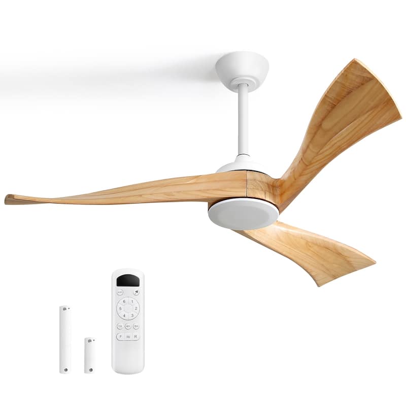 Sofucor 52Inch Ceiling Fan without Light, 6 Wind Speeds with Remote Control for Living Room and Patio - Style-D - White with Natural Solid wood Blades