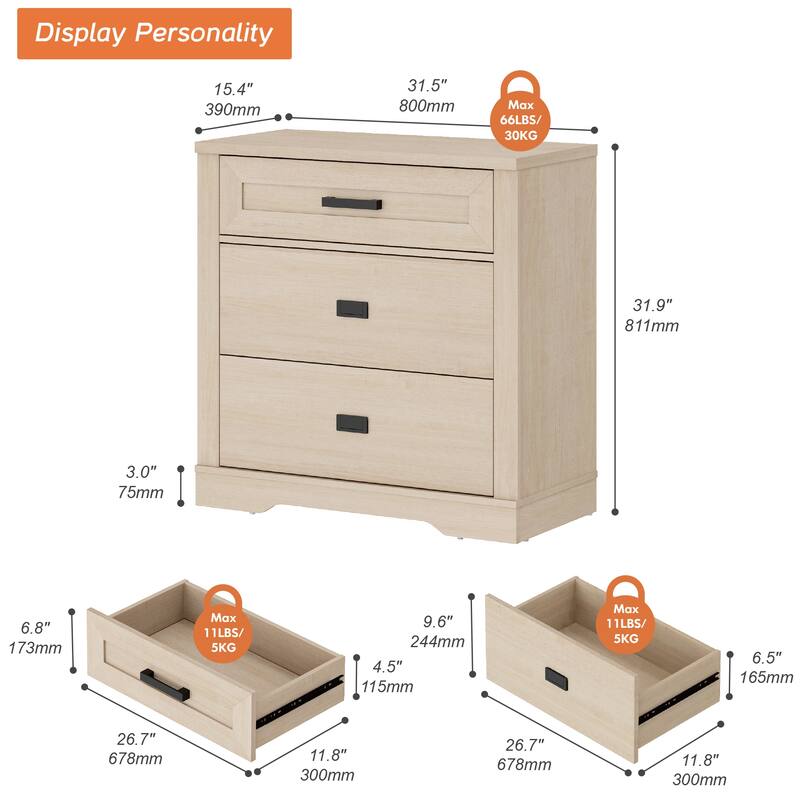 WAMPAT Mid Century Modern Dresser, 31.9" Tall Storage Cabinet with Drawers