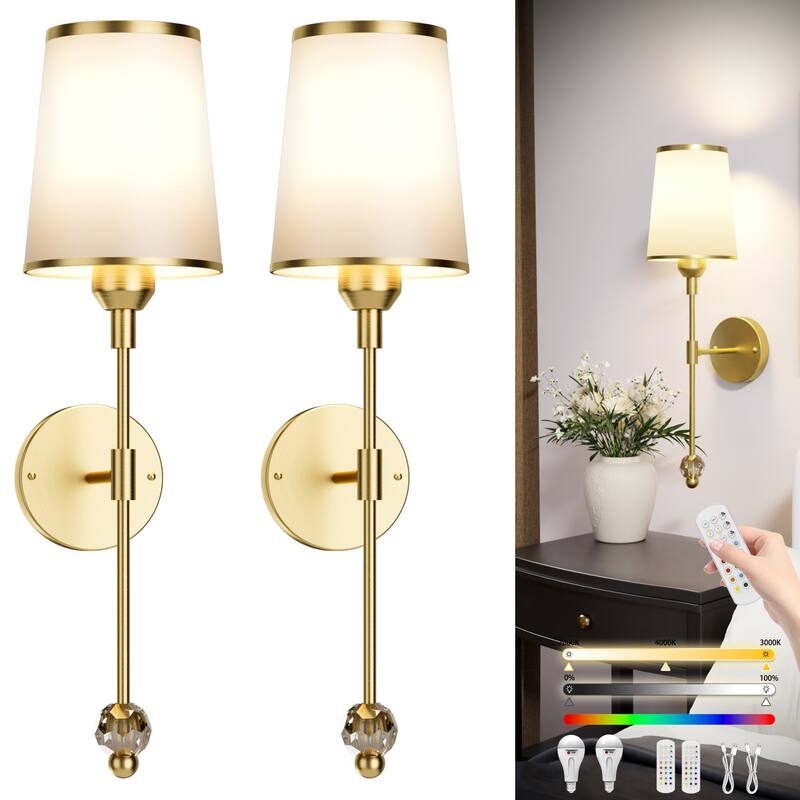 2-Pack Battery Operated Wall Sconces Rechargeable with Remote Control Dimmable 15-Color Light - N/A - Gold