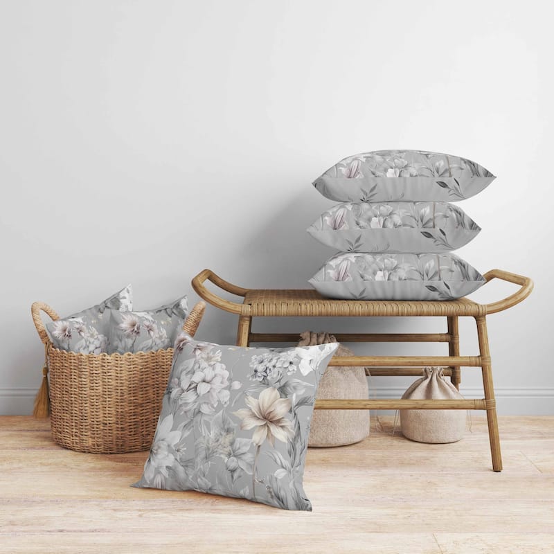 Wildflower Whimsy Faux Suede Reversible Throw Pillow Grey and White