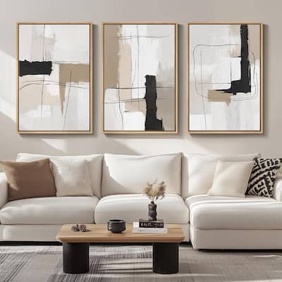 Large Framed Neutral Abstract Wall Art, Black White Beige Minimalist