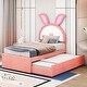 preview thumbnail 2 of 11, Twin Whimsical Upholstered Platform Bed with Trundle & 3 Drawers, Rabbit-Shaped Headboard w/Embedded LED Lights for Kids, Pink