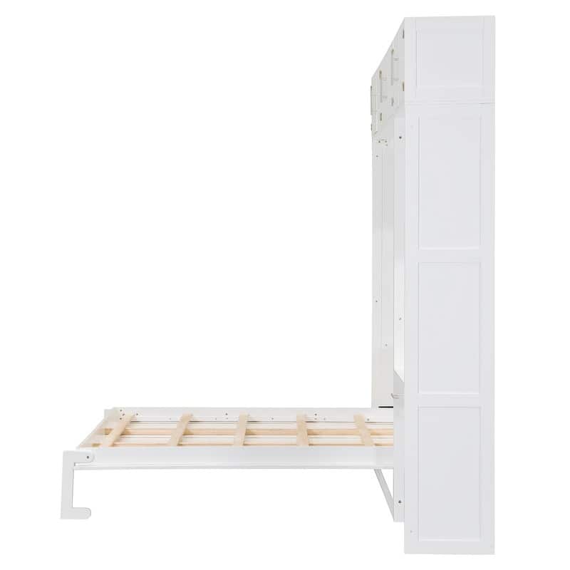 Full Size and Queen Size Wall Murphy Bed with Desk, Top Cabinet and Storage Shelves, Space Saving Foldable Bed