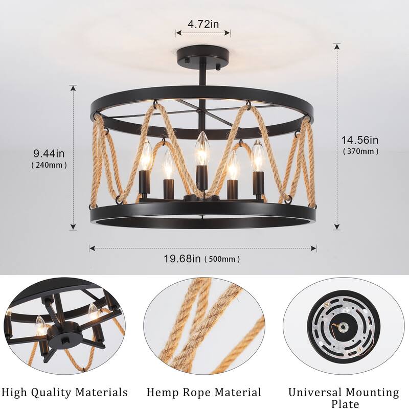 19.68" Wide Rural Drum Chandelier, 5-Light Semi-Flush Mount Lighting with Cage Lamp-Shade, Pendant Light for Dining Room