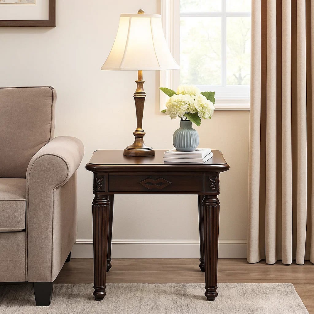 End Table with Traditional Style and Turned Legs, Espresso Brown