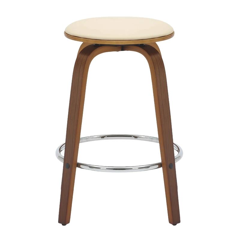 Pelya Leather Swivel Round Counter Stool with Wood Legs and Chrome Footrest for Kitchen Island or Dining Area Set of 2